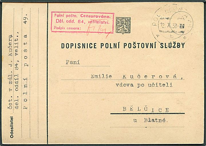 Ufrankeret fortrykt feltpostkort stemplet Polni Posta 49 d. 12.10.1938 til Belcice. Rødt censurstempel.