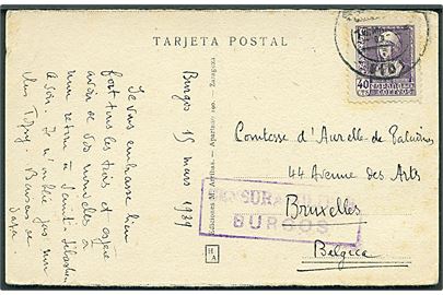 40 cts. Isabel på brevkort fra Burgos d. 19.3.1939 til Bruxelles, Belgien. Lokal censur fra Burgos.
