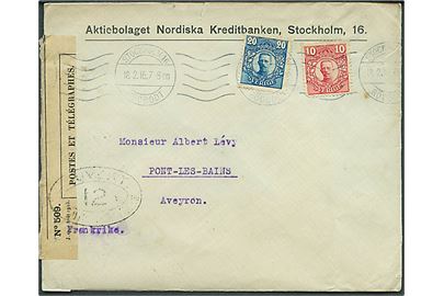 10 öre og 20 öre Gustaf på brev fra Stockholm d. 18.2.1916 til Pont-les-Bains, Frankrig. Åbnet af fransk censur i Dieppe med stempel no. 12.