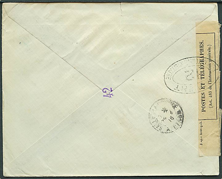 10 öre og 20 öre Gustaf på brev fra Stockholm d. 18.2.1916 til Pont-les-Bains, Frankrig. Åbnet af fransk censur i Dieppe med stempel no. 12.