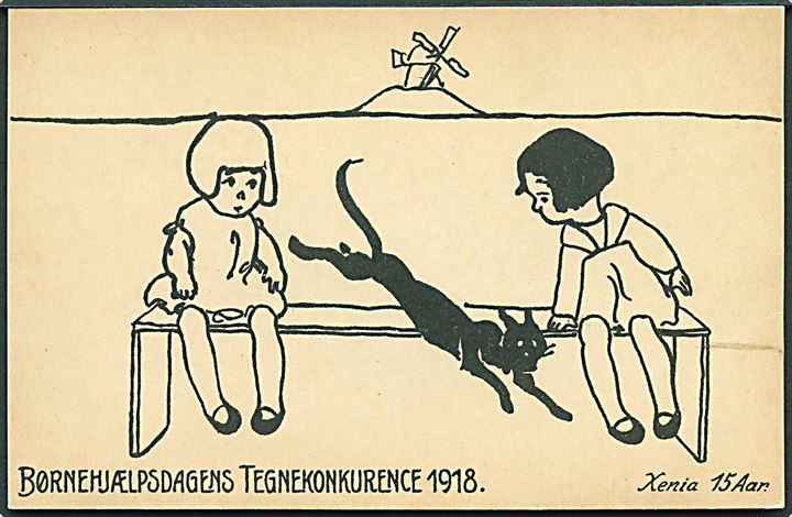 Xenia 15 Aar: Børnehjælpsdagens Tegnekonkurrence 1918. Mølle ses i baggrunden. Kruckow & Waldorff u/no.