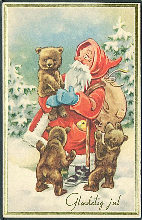 Glædelig Jul. Julemanden iført rød kåbe og 3 bjørneunger. Stenders no. 5109/42. 
