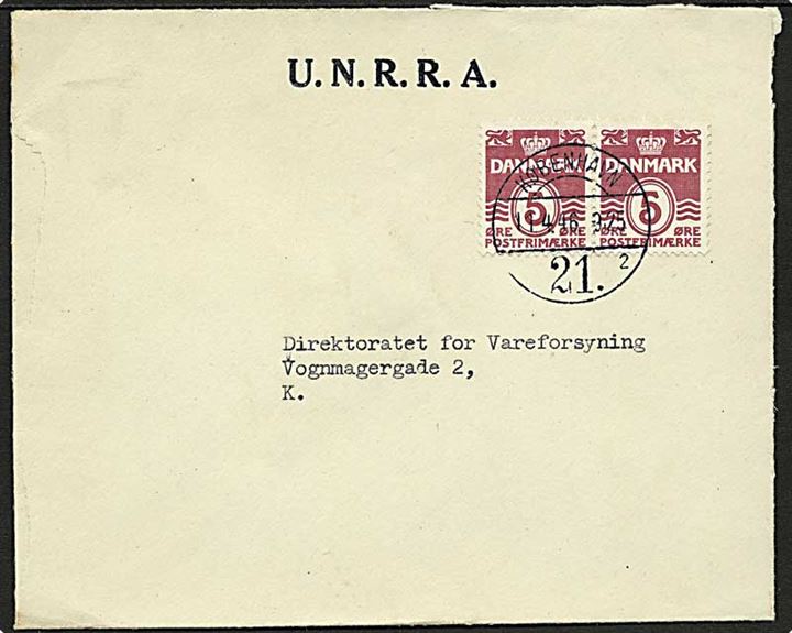 5 øre Bølgelinie i parstykke på lille fortrykt kuvert fra UNRRA sendt lokalt i København d. 11.4.1946. UNRRA = United Nations Relief and Rehabilitation Administration 