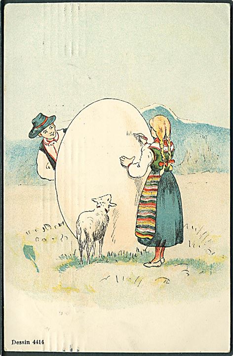 Ludvig Møgelgaard. Mand, Kvinde, lam og stort æg. Ed. F. Ph. & Co no. 4400 - 4441. Anvendt 24.12.06. 
