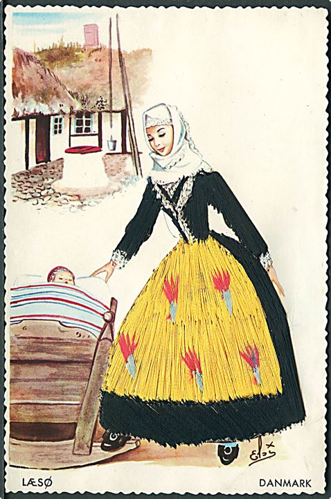 Elsi Gumier: Kvinde fra Læsø. Kjole lavet med tråde/snore. Colorama u/no. 