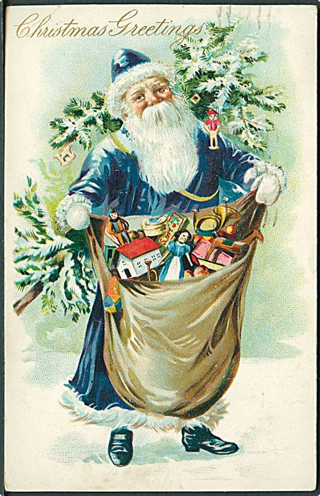 Christmas Greetings. Julemand iført blå kåbe. U/no. Prægekort. 