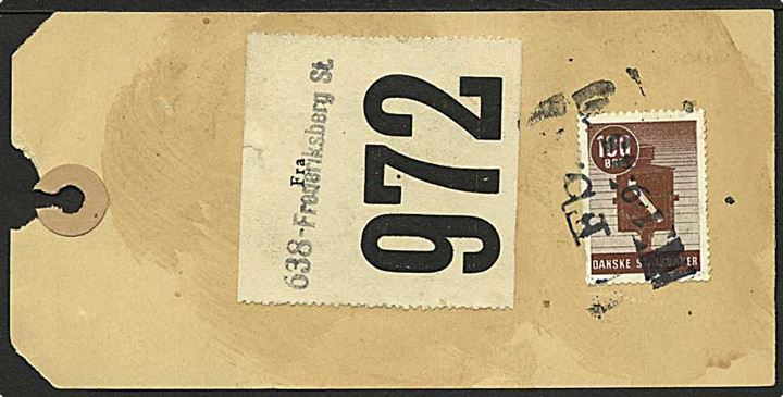 100 øre DSB fragtmærke på manila-seddel stemplet Fb. d. 1.9.1945 for forsendelse fra Frederiksberg St. til Aalborg.