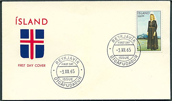 100 kr. Nationaldragt single på illustreret FDC fra Reykjavik d. 3.12.1965.