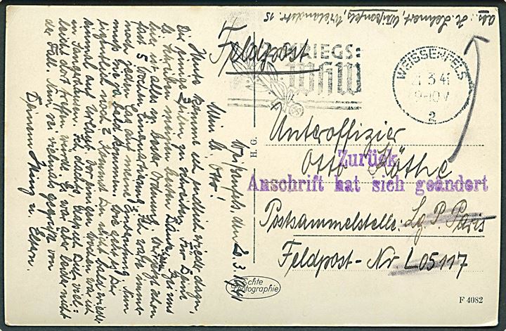 Ufrankeret feltpostkort fra Weissenfels d. 21.3.1941 til underofficer ved Feldpost-Nr. L05117, Postsammelstelle Lg.P.Paris (= Kompanie Stab z.b.V.Luftgau-Nachrichten-Regiment 3). Returneret med stempel: Zurück Anschrift hat sich geändert.