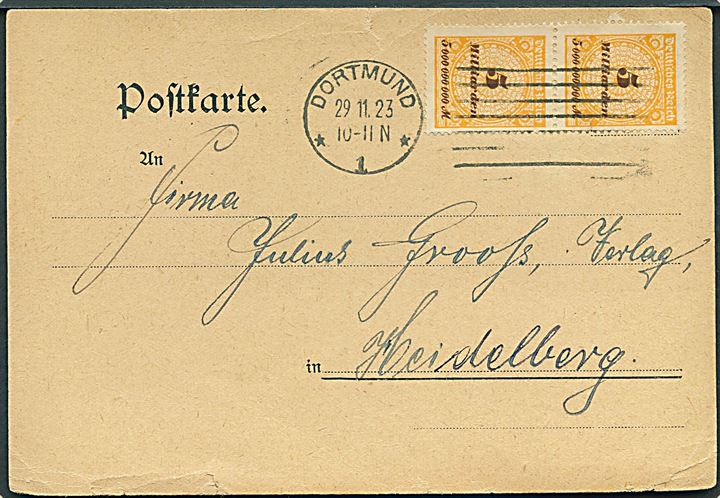 5 mia. mk. Infla udg. i parstykke på 40.000.000.000 mk. frankeret brevkort fra Dortmund d. 329.11.1923 til Heidelberg. Korrekt porto i perioden 26.-30.11.1923. I dagene 26.-30.11.1923 blev frimærker solgt til 4-gange pålydende værdi.