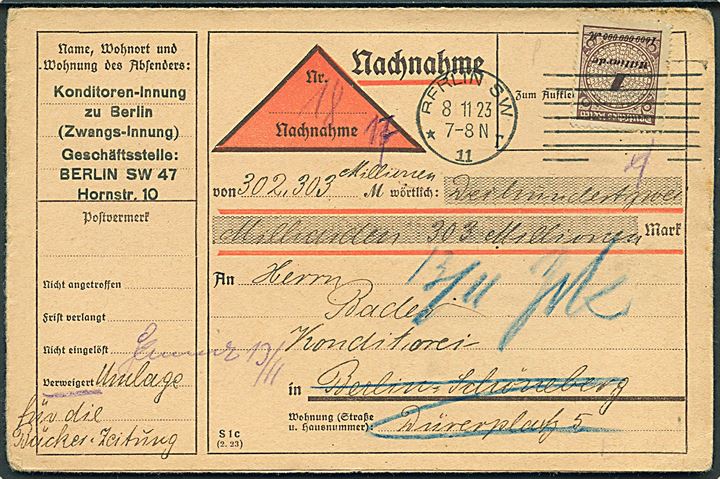 1 mia. mk. Infla udg. single på lokal postopkrævning i Berlin d. 8.11.1923. Opkrævningsbeløbet er 302.303.000.000 mk.
