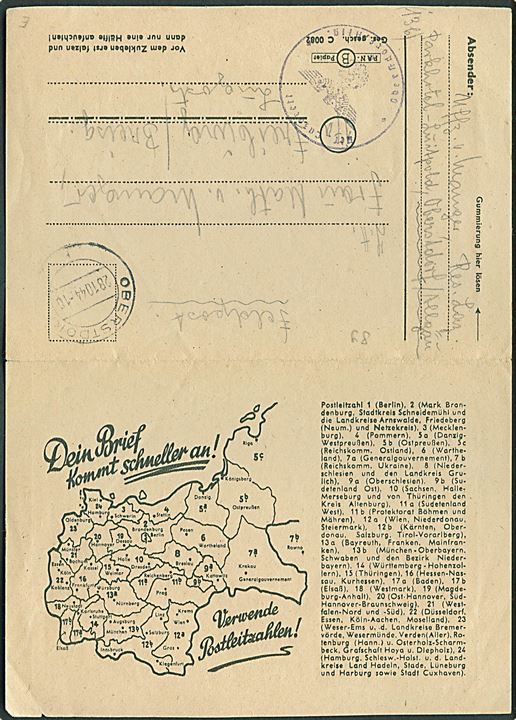 Feltpost korrespondancekort med Postleitzahl-kort anvendt fra reserve lazaret i Obersdorf d. 28.10.1944 til Freiburg.