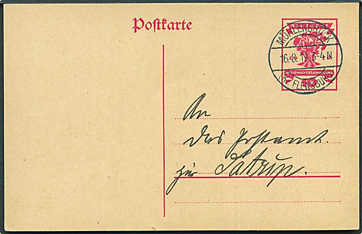 10 pfg. Wiemar helsagsbrevkort stemplet Mühlenbrück (Kr. Flensburg) d. 16.8.1919 til Satrup.
