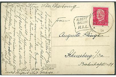 15 pfg. Hindenburg på brevkort annulleret med skibsstempel Albert Ballin H.A.L./Deutsch Amerikanische Seepost Hamburg - New York d. 4.?.1934 til Schneeberg, Tyskland. Påskrevet: Über Cherbourg.