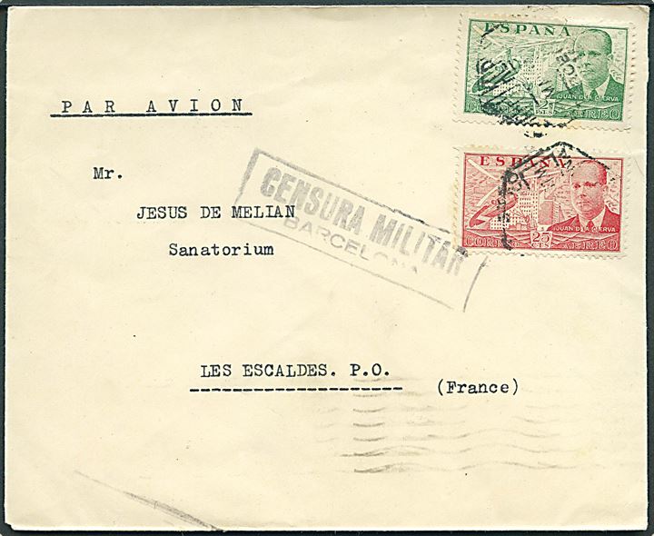 25 cts. og 2 pts. Luftpost på luftpostbrev fra Barcelona d. 17.5.1939 via Marseille til Les Escaldes, Frankrig. Spansk censur fra Barcelona.