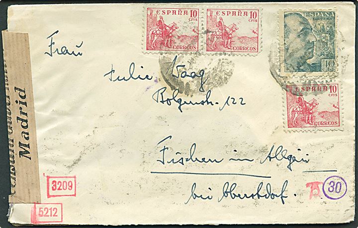 10 cts. Rytter (3) og 40 cts. Franco på brev fra Madrid d. 11.6.1941 til Obersdorf, Tyskland. Åbnet af spansk censur i Madrid og tysk censur i München.