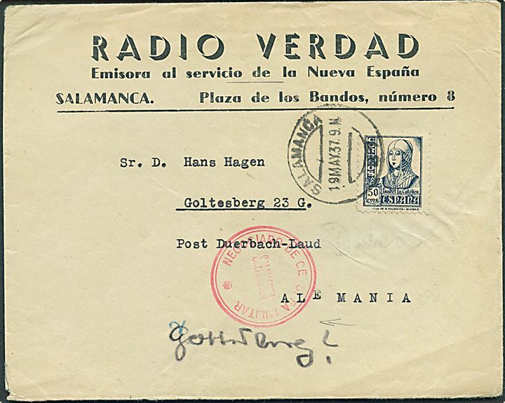 50 cts. Isabel på brev fra Salamanca d. 19.5.1937 til Goltesberg, Tyskland. Rødt censurstempel: Negociado de Censura Militar / Salamanca.