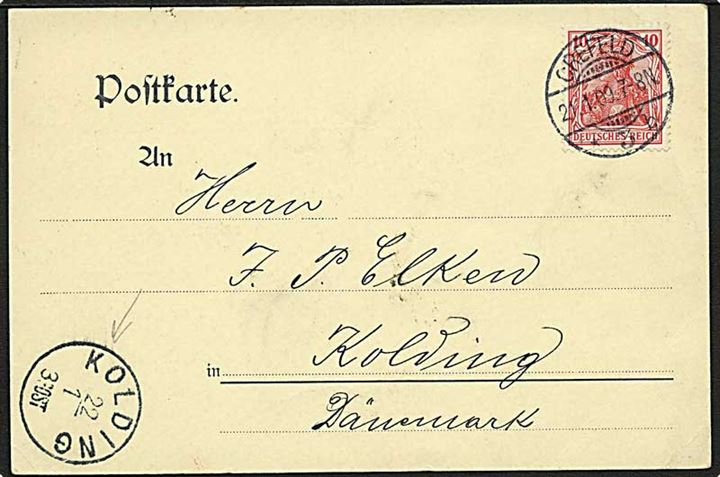 Tysk 10 pfg. Germania på brevkort fra Crefeld d. 21.1.1909 til Kolding, Danmark. Ank. stemplet lapidar Kolding d. 22.1.1909. Sen anvendelse af lapidar stempel.