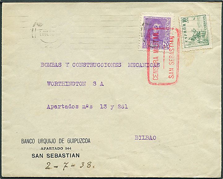 10 cts. Rytter og 20 cts. Fernando på brev fra San Sebastian d. 1.7.1938 til Bilbao. Rammestempel fra censuren til San Sebastian.