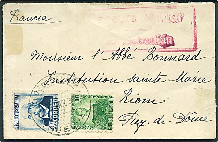 10 cts. og 40 cts. på brev med svagt stempel d. x,3,1937 til Riom, Frankrig. Lokal censur fra San Sebastian.