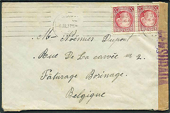 30 cts. i parstykke på brev fra Madrid d. 6.7.1937 til Belgien. Åbnet af spansk censur i Madrid.