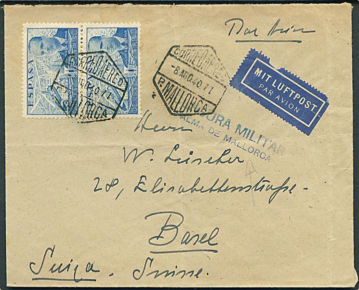 1 pta. Luftpost i parstykke på luftpostbrev fra Palma de Mallorca d. 8.8.1940 til Basel, Schweiz. Lokal censur fra Palma de Mallorca.