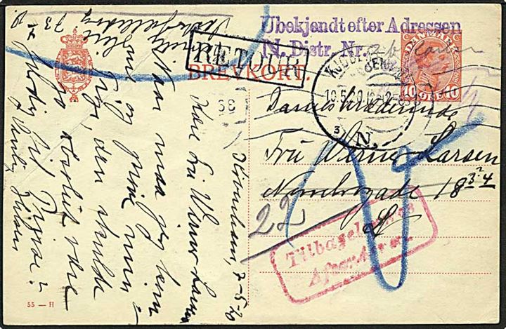 10 øre Chr. X helsagsbrevkort (fabr. 55-H) anvendt lokalt i Kjøbenhavn d. 10.5.1920. Retur med stempel: Ubekjendt efter Adressen.