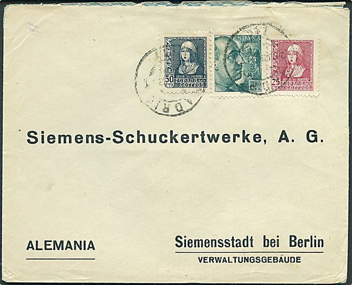 40 cts. Franco, 25 cts. og 50 cts. Isabel på brev fra Madrid d. 23.6.1939 til Berlin, Tyskland. På bagsiden spansk censur fra Madrid.