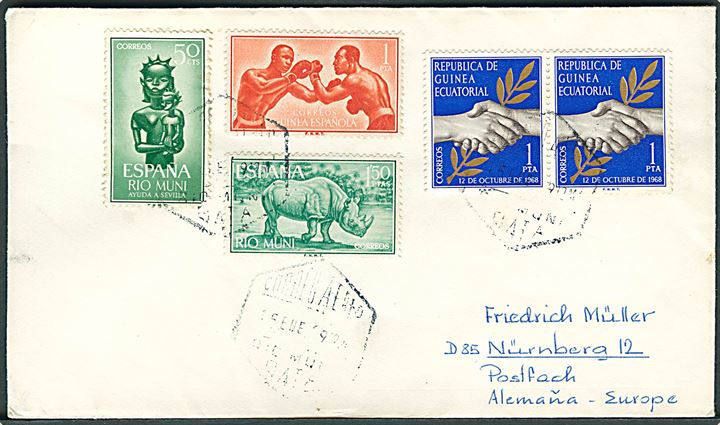 Spansk Guinea og Rio Muni udg. på blandingsfrankeret brev fra Bate d. 15.1.19x9 til Nürnberg, Tyskland.