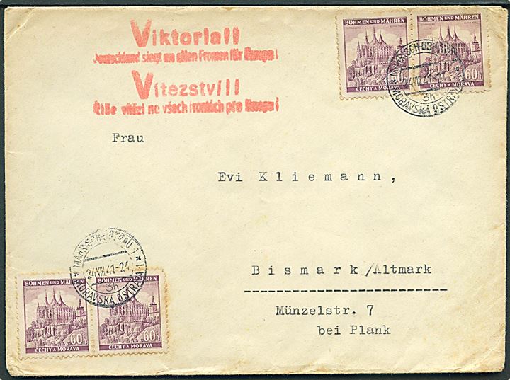 Böhmen-Mähren. 60 h. (4) på brev fra Mährisch-Ostrau d. 24.8.1941 til Bismark, Altmark, Tyskland. Rødt 2-sproget Viktoria-stempel.