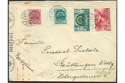 1 f., 2 f., 10 f. og 20 f. på brev fra Csepel d. 4.11.1940 til Reutlingen, Tyskland. Åbnet af tysk censur i Wien.