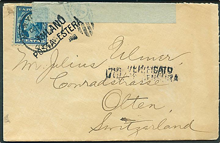 5 cents Washington på brev fra New Yort d. x.10.1916 til Olten, Schweiz. Åbnet af italiensk censur i Milano.
