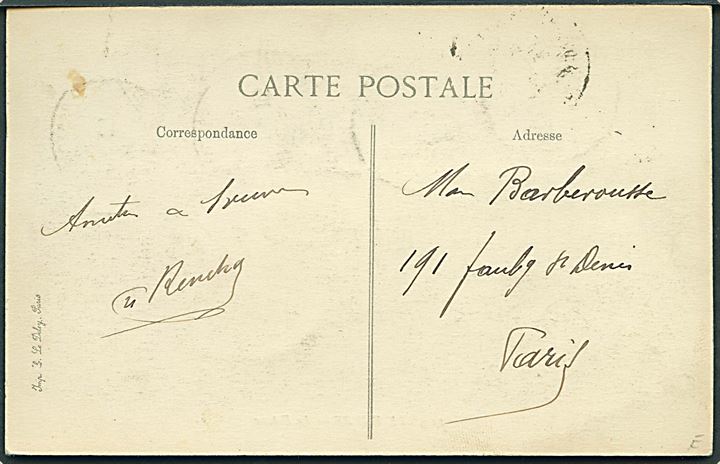 1 c. (5) og 5 c. Albert I på brevkort annulleret ved det belgiske postkontor i Sainte-Adresse d. 31.3.1916 til Paris. Sainte-Adresse ved Le Havre i Frankrig var hovedsæde for den belgiske eksilregering under 1. verdenskrig.