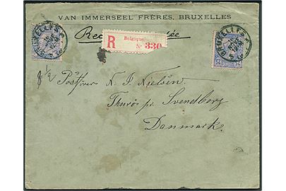 25 c. (2) på anbefalet brev fra Bruxelles d. 16.11.1887 til Postfører N. J. Nielsen, Thurø pr. Svendborg, Danmark. Den kgl. postfører Niels Jensen Nielsen drev færgefart mellem Svendborg og Thurø.