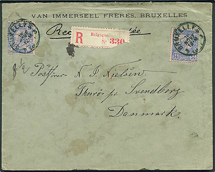 25 c. (2) på anbefalet brev fra Bruxelles d. 16.11.1887 til Postfører N. J. Nielsen, Thurø pr. Svendborg, Danmark. Den kgl. postfører Niels Jensen Nielsen drev færgefart mellem Svendborg og Thurø.
