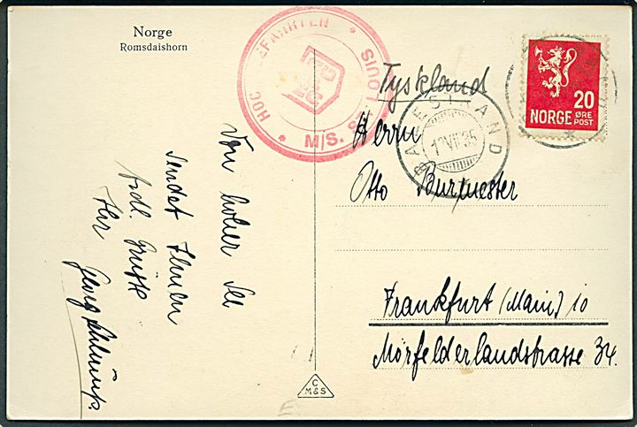 20 øre Løve på brevkort (Romsdalshorn) stemplet Balestrand d. 12.8.1935 og sidestemplet Hoc...Fahrten / M/S St. Louis / HAPAG til Frankfurt, Tyskland.