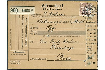 30 öre Gustaf single på adressekort for pakke fra Stockholm d. 29.10.1915 til Orsa.