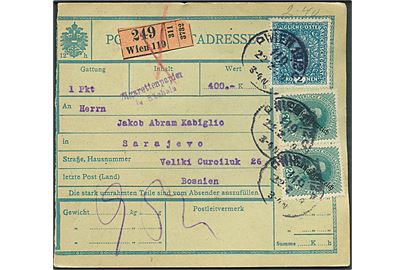 2 kr. Våben og 20 h Karl I Deutschösterreich Provisorium i parstykke på adressekort for værdipakke fra Wien d. 22.2.1919 til Sarajevo, Bosnien, Jugoslavien.