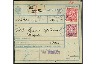 10 h. og 1 kr. Våben på adressekort for værdipakke fra Wien d. 25.2.1919 til Sarajevo, Bosnien, Jugoslavien. Liniestempel via Ungarn.
