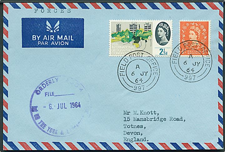 ½d og 2½d Elizabeth på Forces Air Mail brev stemplet Field Post Office 997 (= BFPO 640 Matsapa, Swaziland) d. 6.7.1964 til Totnes, England. Sidestemplet: Orderly Room 1st Bn The York & Lancaster Regiment.