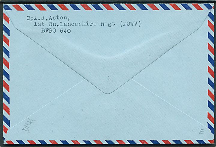 ½d og 2½d Elizabeth på Forces Air Mail brev stemplet Field Post Office 124 (= BFPO 640 Matsapa, Swaziland) d. 29.4.1965 til Hull, England. Fra 1st Bn Lancastershire Regiment (POWV).