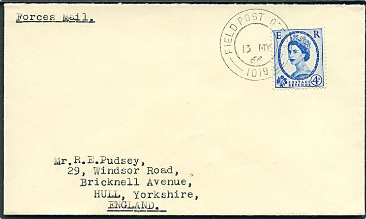4d Elizabeth på Forces Mail brev stemplet Field Post Office 1019 (= BFPO 640 Matsapa, Swaziland) d. 13.5.1966 til Hull, England.
