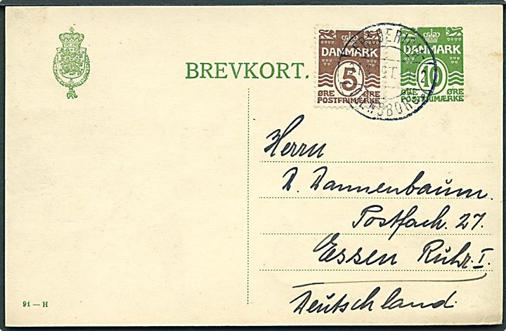10 øre helsagsbrevkort (fabr. 91-H) opfrankeret med 5 øre Bølgelinie fra Haderslev annulleret med bureaustempel Fredericia - Flensborg sn4 T.942 d. 31.3.1929 til Essen, Tyskland.