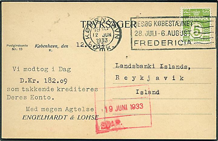 5 øre Bølgelinie med perfin E&L på tryksags-brevkort fra firma Engelhardt & Lohse i København d. 12.6.1933 til Reykjavik, Island.