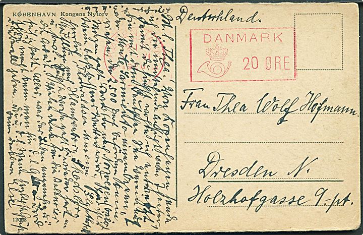 20 øre posthusfranko frankeret brevkort (Kongens Nytorv) København *OMK * d. 5.6.1926 til Dresden, Tyskland.
