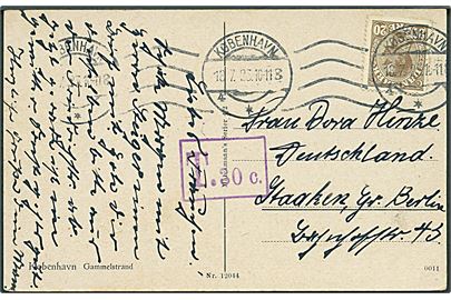 20 øre Chr. X på underfrankeret brevkort fra København d. 18.7.1923 til Staaken, Tyskland. Violet portostempel: T.30 c..