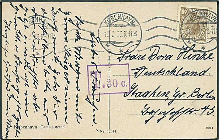 20 øre Chr. X på underfrankeret brevkort fra København d. 18.7.1923 til Staaken, Tyskland. Violet portostempel: T.30 c..