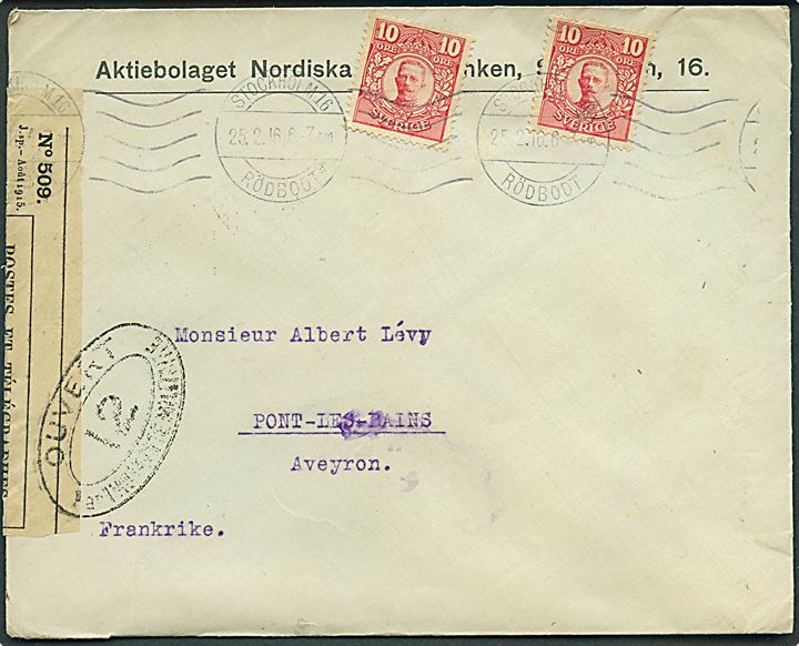 10 öre Gustaf (2) på brev fra Stockholm d. 25.2.1916 til Pont-les-Bains, Frankrig. Åbnet af fransk censur i Dieppe med stempel no. 12.