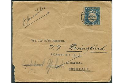 Svarmärke frankeret brev fra Malmö d. 1.10.1935 til soldat ved Fältpost n:r M 7, II målbat. Adresslitt X - eftersendt til sygehus i Ystad og igen til Regiment J.7 i Revingehed.