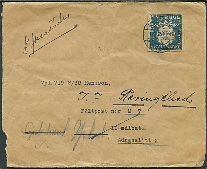 Svarmärke frankeret brev fra Malmö d. 1.10.1935 til soldat ved Fältpost n:r M 7, II målbat. Adresslitt X - eftersendt til sygehus i Ystad og igen til Regiment J.7 i Revingehed.